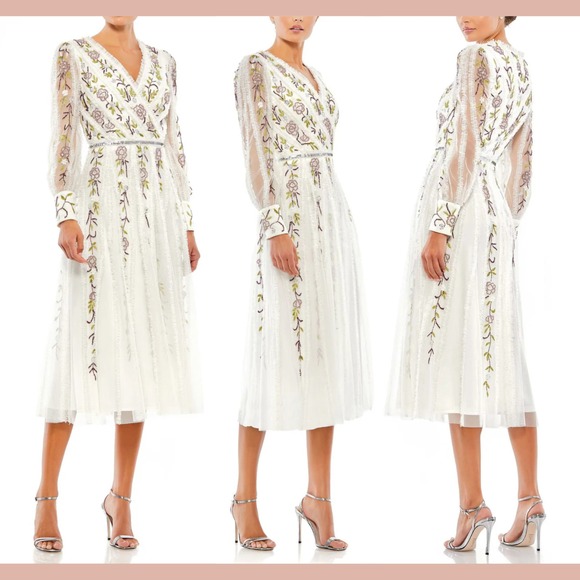 NWT Mac‎ Duggal [ 12 ] 9133 Long Sleeve Embroidered Wrap Midi Dress Ivory J1432 - Picture 1 of 14